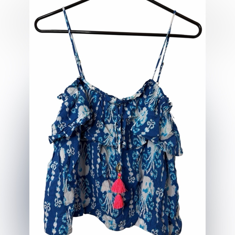 Lilly Pulitzer MAYS TOP Indigo Get in Line Blue Jellyfish  TASSELS